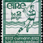 Irish stamp showing a Hurler celebrating the 50th anniversary of the GAA in 1934